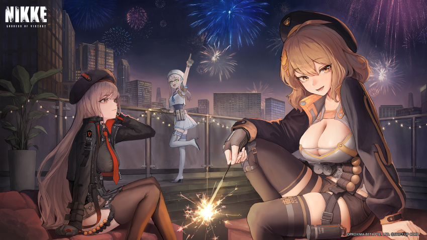 3girls anis_(nikke) beret black_headwear black_skirt black_thighhighs blue_eyes breasts brown_eyes brown_hair cho_gum cleavage closed_mouth counters_(nikke) fireworks glasses goddess_of_victory:_nikke hair_between_eyes hat highres holding_fireworks jacket large_breasts long_hair long_sleeves looking_at_viewer multiple_girls neon_(nikke) night official_art one_eye_closed open_mouth outdoors plant pleated_skirt pointing potted_plant rapi_(nikke) second-party_source shorts sitting skirt smile thighhighs white_hair white_headwear white_skirt