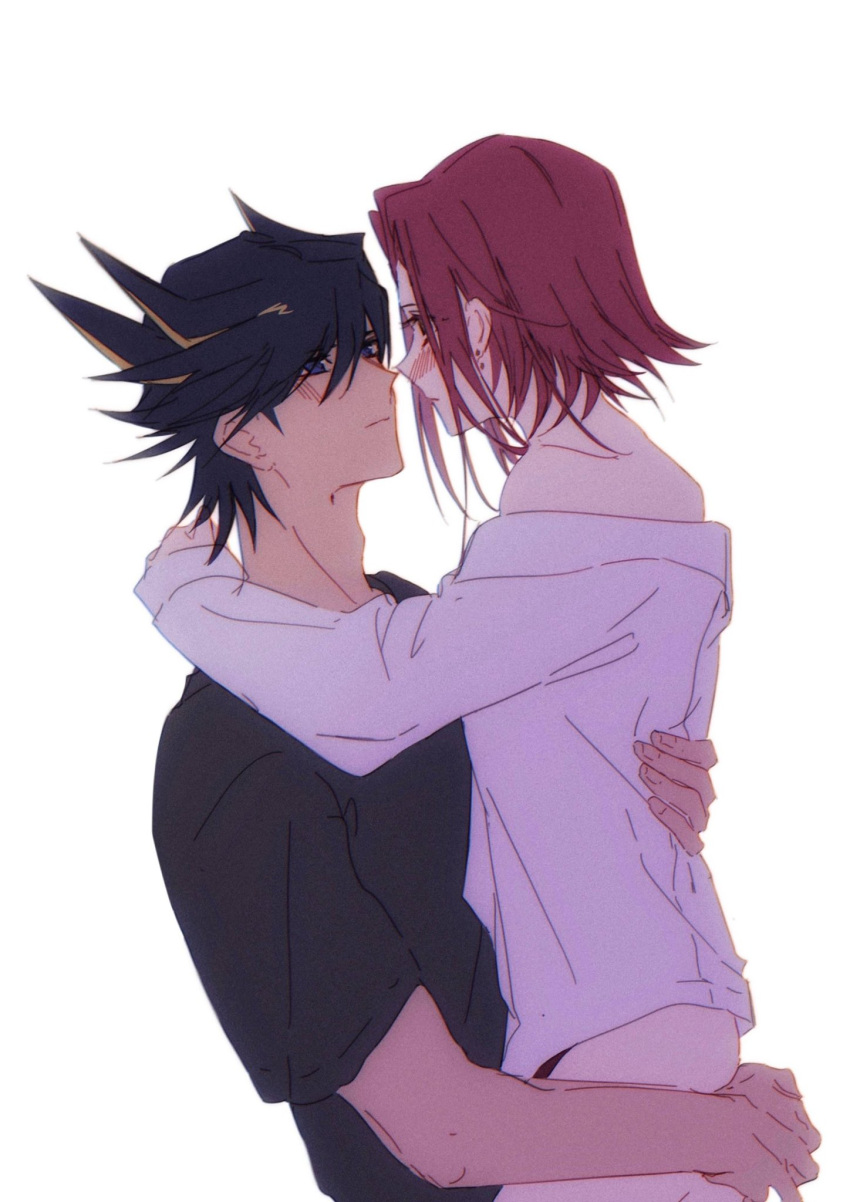 1boy 1girl alternate_costume black_hair black_shirt blue_eyes blush collared_shirt commentary couple earrings facing_to_the_side fudou_yuusei hand_on_another's_ass hand_on_another's_back hand_on_another's_shoulder hetero highres hug imminent_kiss izayoi_aki jewelry looking_at_another multicolored_hair naoki_(2rzmcaizerails6) no_pants off_shoulder red_hair shirt short_hair simple_background spiked_hair streaked_hair stud_earrings symbol-only_commentary white_background white_shirt yu-gi-oh! yu-gi-oh!_5d's