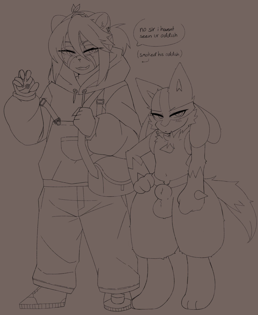 animal_genitalia anthro balls canid canine clothed clothing duo fully_clothed fully_sheathed generation_4_pokemon genitals hachi_(hachikxma) hachikxma hi_res hoodie lucario male mammal nintendo nude overalls pokemon pokemon_(species) raccoon_dog sheath sketch speech_bubble tanuki text topwear