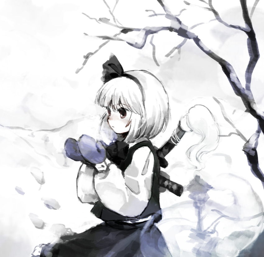 1girl bare_tree black_hairband black_ribbon black_skirt black_vest blue_mittens brown_eyes closed_mouth colored_skin commentary_request hair_ribbon hairband highres kaigen_1025 konpaku_youmu long_sleeves mittens multiple_swords neck_ribbon ribbon shirt short_hair skirt solo sword sword_behind_back touhou tree vest weapon white_hair white_shirt white_skin winter