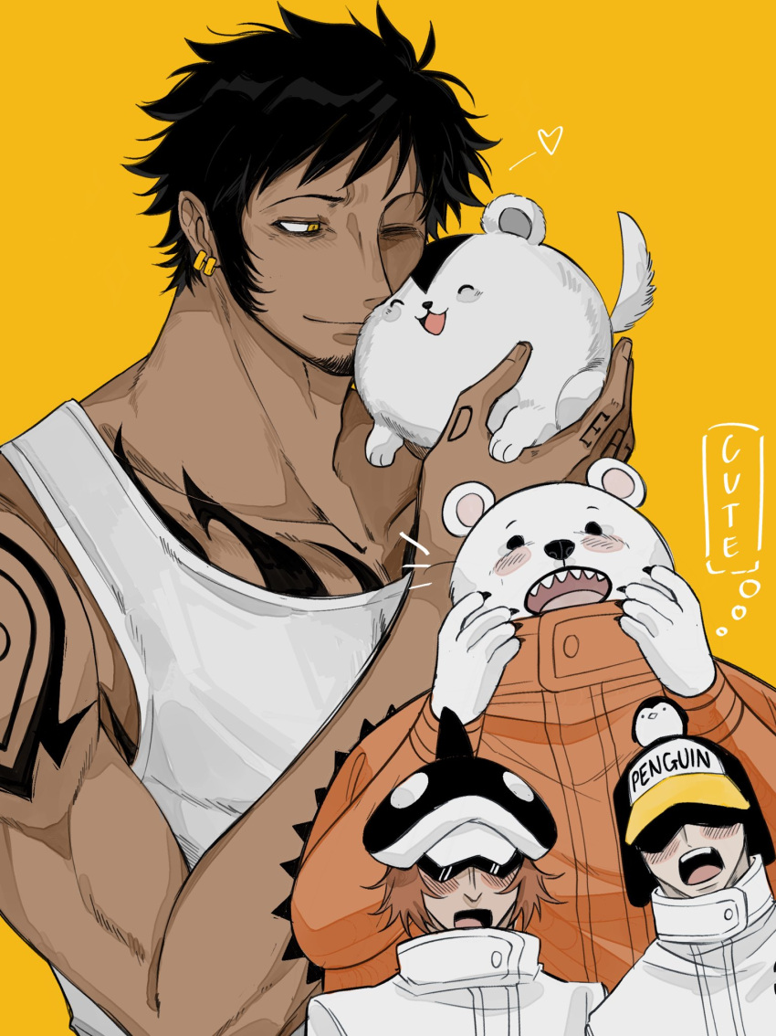 4boys animal arm_tattoo bear bepo black_hair blush brown_hair chest_tattoo closed_mouth earrings english_commentary english_text facial_hair goatee hand_tattoo hat heart highres holding holding_animal jewelry long_sleeves male_focus multiple_boys nuzzle one_eye_closed one_piece open_mouth penguin_(one_piece) shachi_(one_piece) short_hair shoulder_tattoo smile tank_top tattoo thought_bubble trafalgar_law white_tank_top xve009 yellow_background yellow_eyes