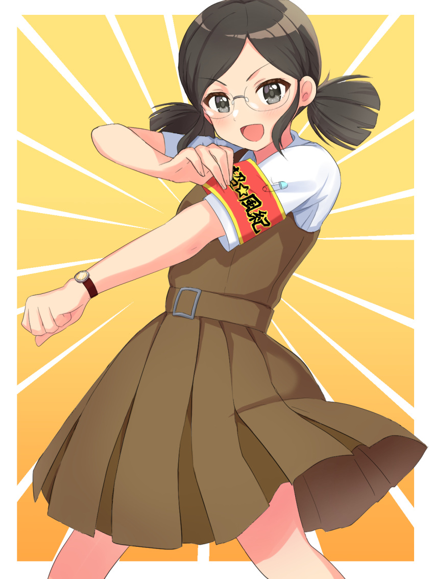 1girl black_eyes black_hair blush border breasts brown_dress cowboy_shot dot_nose dress emphasis_lines glasses hand_up highres idolmaster idolmaster_cinderella_girls idolmaster_cinderella_girls_starlight_stage kahiika looking_at_viewer open_mouth outside_border pleated_skirt print_sash red_sash saejima_kiyomi safety_pin sash school_uniform shirt short_hair short_sleeves short_twintails simple_background skirt small_breasts smile solo standing text_print twintails v-shaped_eyebrows watch white_border white_shirt wristwatch yellow_background
