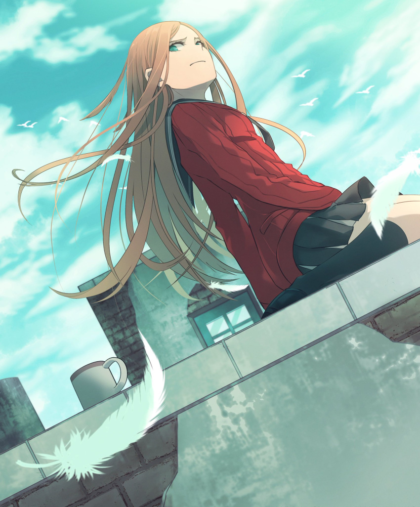 1girl bird black_necktie black_sailor_collar black_skirt black_socks blue_eyes blue_sky brick_wall brown_hair closed_mouth cup day dutch_angle eyelashes feathers floating_hair from_side frown highres kneehighs konami_kirie long_hair looking_at_viewer miniskirt morita_yuu necktie pleated_skirt red_sweater rooftop sailor_collar school_uniform serafuku short_hair sideways_glance sitting skirt sky socks solo sweater wariza wind window world_trigger