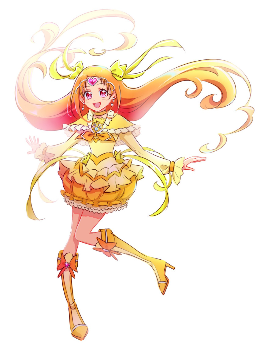 1girl :d boots choker commentary_request cure_muse_(yellow) dress earrings eyelashes fpminnie1 hair_ornament hair_ribbon happy high_heel_boots high_heels highres jewelry knee_boots long_hair long_sleeves looking_at_viewer magical_girl open_mouth orange_hair pink_eyes precure ribbon shirabe_ako simple_background smile solo standing suite_precure white_background yellow_choker yellow_dress yellow_ribbon