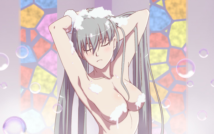 1girl armpits arms_up bathing breasts bubble ccherias closed_eyes closed_mouth collarbone completely_nude convenient_censoring grey_hair highres long_hair medium_breasts monogatari_(series) nude oikura_sodachi owarimonogatari soap_bubbles soap_censor solo upper_body washing_hair