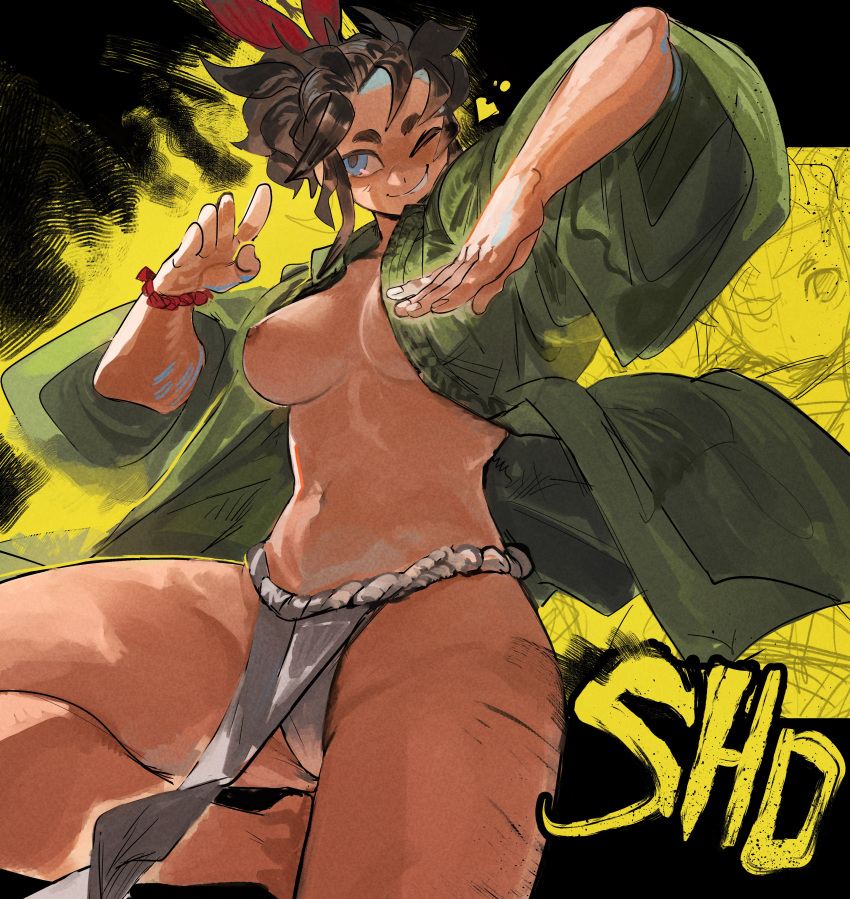 1girl absurdres barefoot black_hair blue_eyes breasts commentary dancing dark_skin english_commentary fundoshi green_kimono hair_ribbon highres japanese_clothes kimono knights_of_the_wandering_castle lady_kitakaze_no_shodan luny medium_breasts navel no_bra one_breast_out one_eye_closed open_clothes open_kimono pelvic_curtain ribbon rope_around_wrist short_eyebrows solo thick_eyebrows thick_thighs thighs