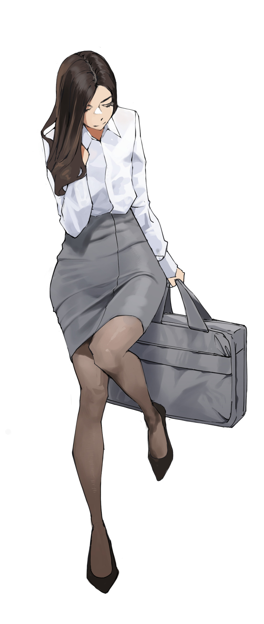 1girl absurdres bag black_footwear brown_hair collared_shirt commentary english_commentary full_body grey_bag grey_skirt hair_tucking handbag high_heels highres holding holding_bag leg_up long_hair looking_down office_lady original pantyhose pencil_skirt shirt simple_background skirt solo standing standing_on_one_leg tbocart white_background white_shirt