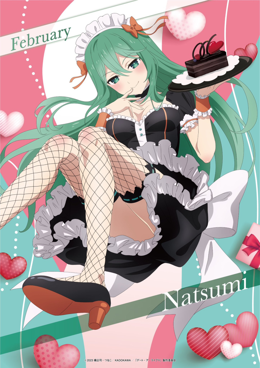 1girl black_dress breasts cake chocolate_cake date_a_live dress fishnet_thighhighs fishnets food frilled_cuffs frilled_dress frills green_eyes green_hair high_heels highres long_hair looking_at_viewer maid maid_headdress natsumi_(date_a_live) official_art plate_carrier smile solo thighhighs two-tone_dress