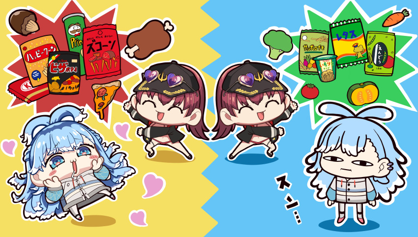 &lt;o&gt;_&lt;o&gt; 2girls absurdres bag_of_chips baseball_cap bikini black_jacket blue_eyes blue_hair blush_stickers boned_meat broccoli carrot chibi commentary_request drooling eyewear_on_headwear food hat heart heart-shaped_eyewear highres hololive hololive_indonesia houshou_marine jacket kobo_kanaeru meat multicolored_hair multiple_girls mushroom nabenabe3104 open_mouth pizza ponytail pringles pringles_can red_bikini red_hair smile sunglasses swimsuit tomato translation_request two-tone_hair virtual_youtuber white_hair white_jacket