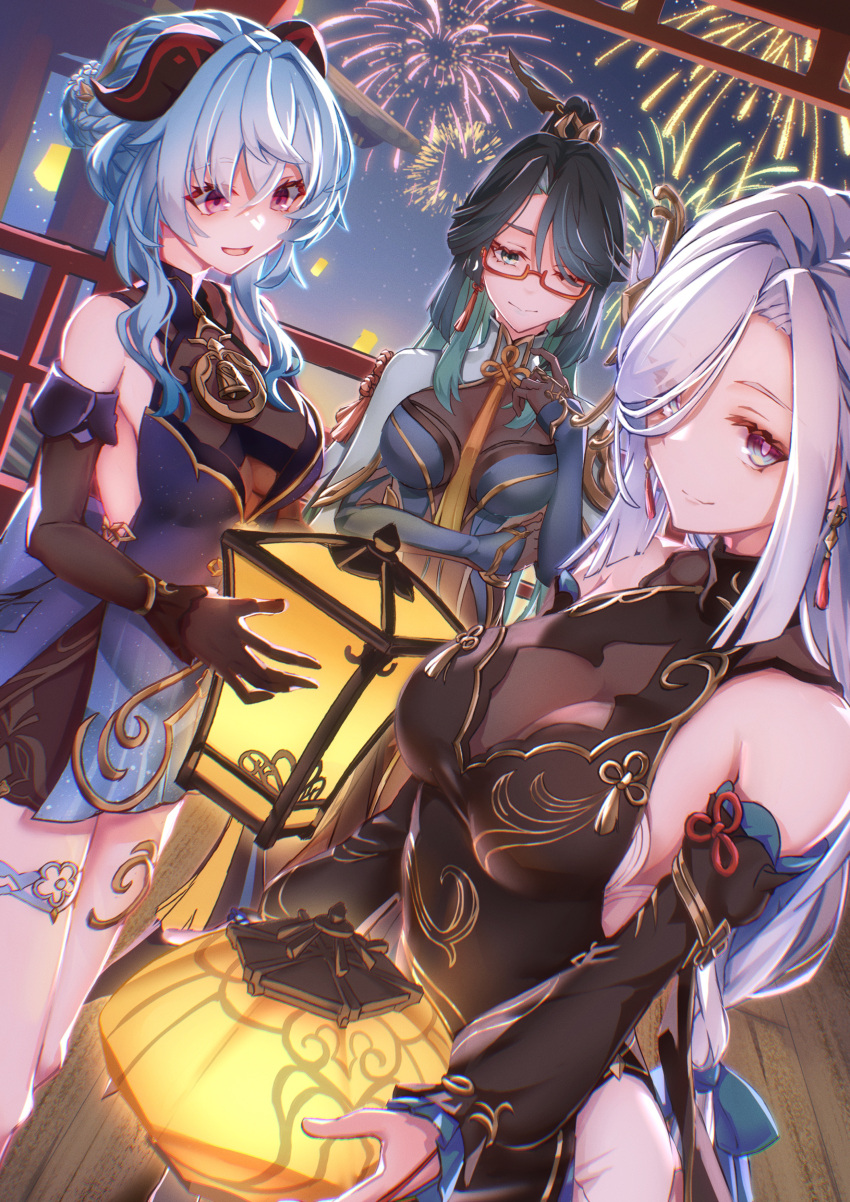 3girls :d absurdres aqua_hair bare_shoulders black_dress black_hair blue_dress blue_hair breasts cloud_retainer_(genshin_impact) colored_inner_hair commentary_request detached_sleeves dress elbow_gloves fireworks ganyu_(genshin_impact) ganyu_(twilight_blossom)_(genshin_impact) genshin_impact glasses gloves highres holding horns junyakun0405 large_breasts long_hair long_sleeves looking_at_viewer multicolored_hair multiple_girls official_alternate_costume open_mouth purple_eyes red-framed_eyewear shenhe_(frostflower_dew)_(genshin_impact) shenhe_(genshin_impact) smile thighs white_hair xianyun_(genshin_impact)