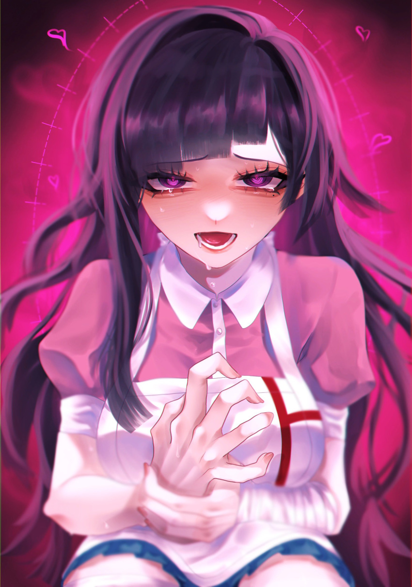 1girl :d absurdres apron breasts collared_shirt danganronpa_(series) danganronpa_2:_goodbye_despair dress_shirt highres holding_own_wrist kamin_(0428hopelove) large_breasts looking_at_viewer lower_teeth_only pink_background pink_shirt puffy_short_sleeves puffy_sleeves shirt short_sleeves sitting smile solo teeth tsumiki_mikan two-tone_shirt white_apron