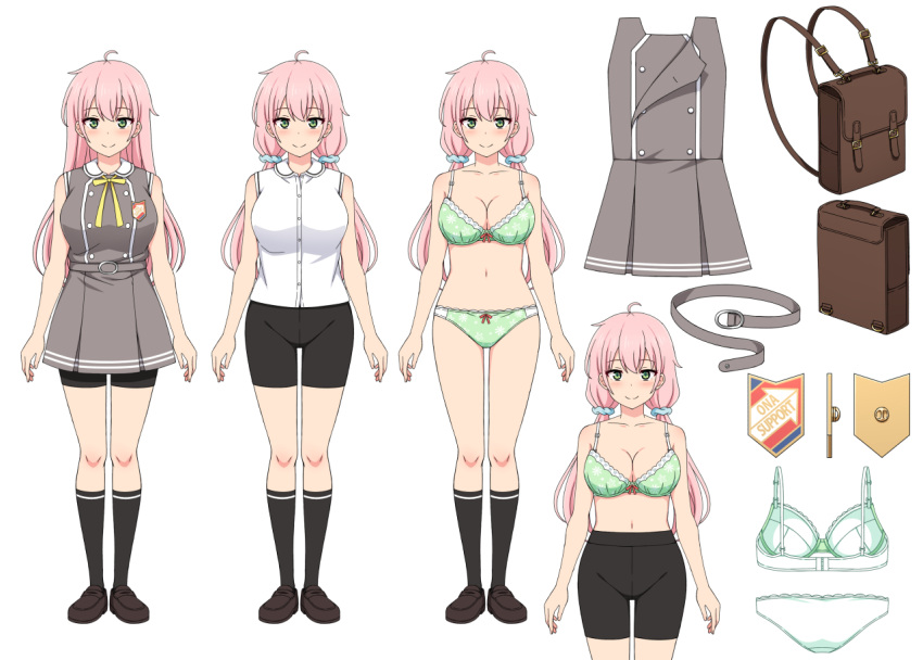 1girl backpack bag bike_shorts bike_shorts_under_skirt black_footwear black_shorts black_socks blue_eyes blue_scrunchie boku_to_kanojo_no_onani_life bow bow_bra bow_panties bra breasts cleavage closed_mouth collared_shirt commentary_request crotch_seam emblem green_bra green_panties grey_shirt grey_skirt hair_ornament hair_scrunchie kneehighs lace-trimmed_bra lace-trimmed_panties lace_trim loafers long_hair looking_at_viewer low_twintails medium_breasts miniskirt nakamura_sumikage navel neck_ribbon no_shirt panties pink_hair pleated_skirt print_bra print_panties reference_sheet ribbon school_uniform scrunchie second-party_source shirt shoes shorts skirt sleeveless sleeveless_shirt smile socks standing tomomi_(boku_to_kanojo_no_onani_life) twintails underwear underwear_only white_shirt yellow_ribbon yumehiko