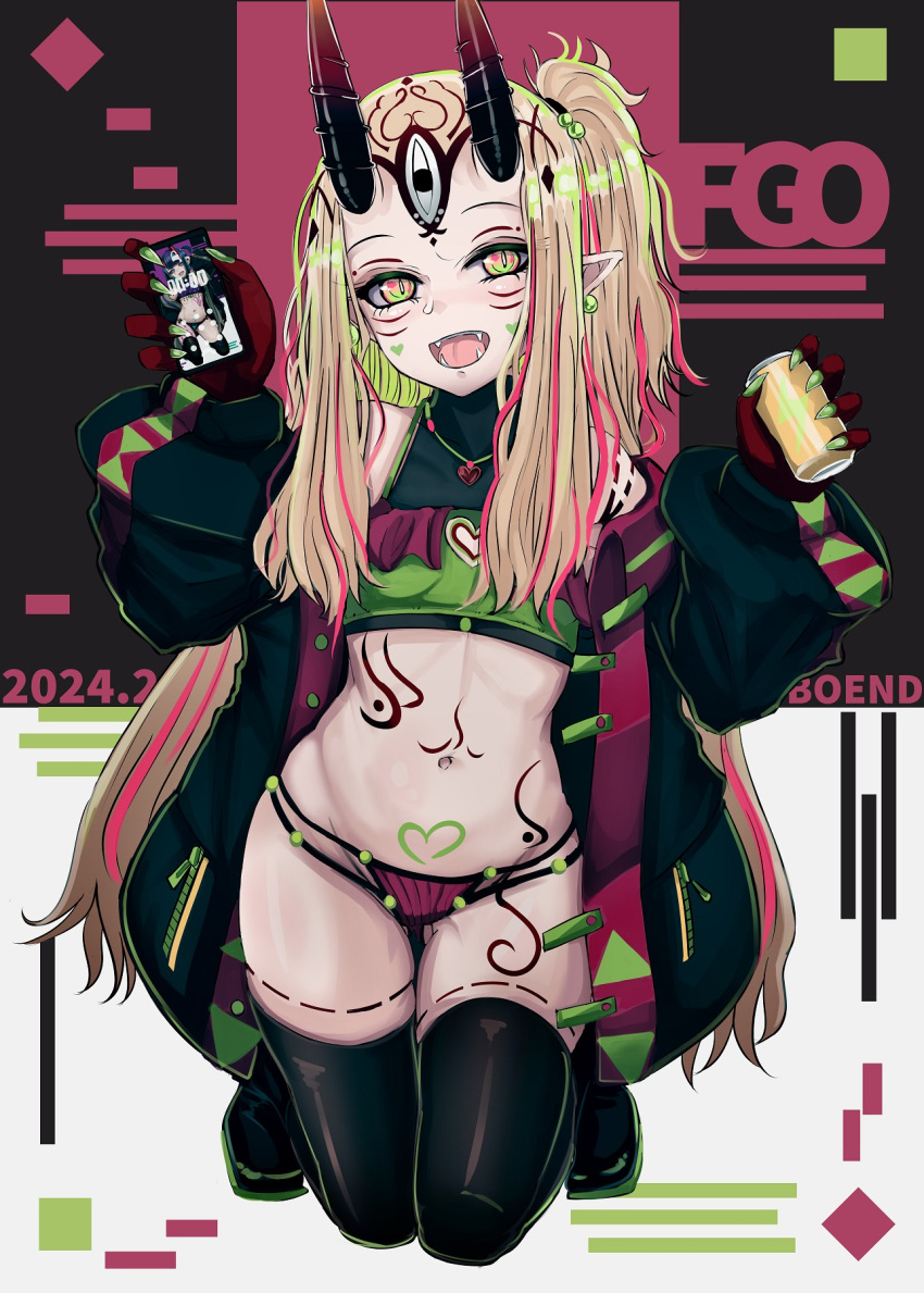 1girl :d b.d black_jacket blonde_hair blush boots breasts can crop_top facepaint fangs fate/grand_order fate_(series) green_eyes green_hair green_jacket groin hands_up heart_on_cheek highres holding holding_can holding_phone ibaraki_douji_(fate) jacket kneeling long_hair long_sleeves looking_at_viewer midriff multicolored_eyes multicolored_hair navel oni open_clothes open_jacket phone pink_eyes pink_hair revealing_clothes side_ponytail slit_pupils small_breasts smile solo stomach streaked_hair thigh_boots