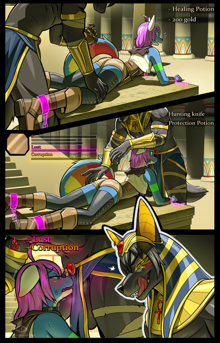 anthro anubis anubislivess armor arms_tied blue_body blush boots bottomwear bound canid canine canis chain chained claws close-up clothing codyblue-731 collar corset crop_top deity duo egyptian egyptian_mythology embarrassed footwear gameplay_mechanics gloves gold_(metal) gold_armor grey_body gui hair handwear health_bar hi_res icarus_skyhawk jackal legs_tied lingerie magic_chain male male/male mammal middle_eastern_mythology musk musk_clouds musky_cock mythology pose purple_hair shirt shorts smile smirk sparkledog status_effect stealing stokings topwear