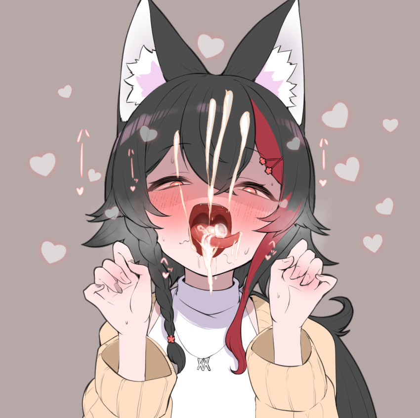 1girl after_fellatio animal_ear_fluff animal_ears black_hair claw_pose commentary cum cum_in_mouth cum_on_hair cum_on_tongue facial hair_between_eyes hair_ornament hairclip hands_up heart hololive kani_bonara long_hair looking_at_viewer multicolored_hair ookami_mio ookami_mio_(street) open_mouth red_eyes red_hair solo squinting stray_pubic_hair streaked_hair symbol-only_commentary virtual_youtuber wolf_ears wolf_girl