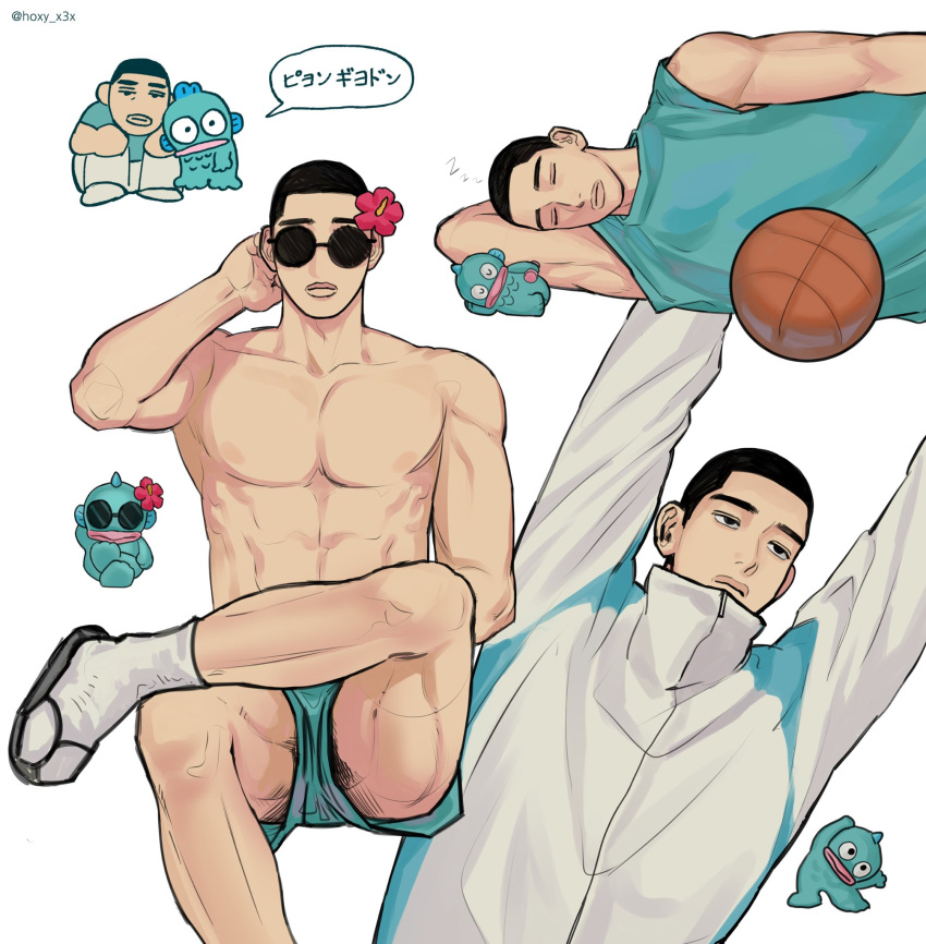 1boy arm_behind_head ball basketball_(object) black_eyes black_hair buzz_cut chibi closed_eyes ear_flower flower foot_out_of_frame fukatsu_kazunari hibiscus highres hoxy_x3x kappa korean_text male_focus male_swimwear multiple_views round_eyewear sandals short_hair simple_background sitting slam_dunk_(series) sleeping socks speech_bubble squatting sunglasses toned toned_male topless_male translation_request upper_body very_short_hair white_background zzz