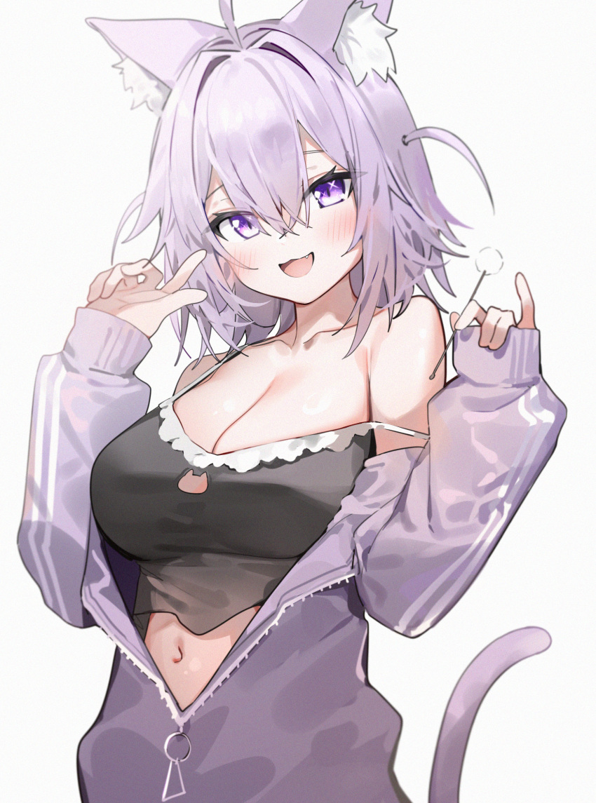 1girl :d ahoge animal_ears bare_shoulders blush breasts cat_ears cat_girl cat_tail cleavage commentary_request hands_up highres hololive jacket large_breasts long_sleeves looking_at_viewer medium_hair mimikaki navel nekomata_okayu off_shoulder open_mouth purple_eyes purple_hair purple_jacket silver_(chenwen) simple_background smile solo tail virtual_youtuber white_background