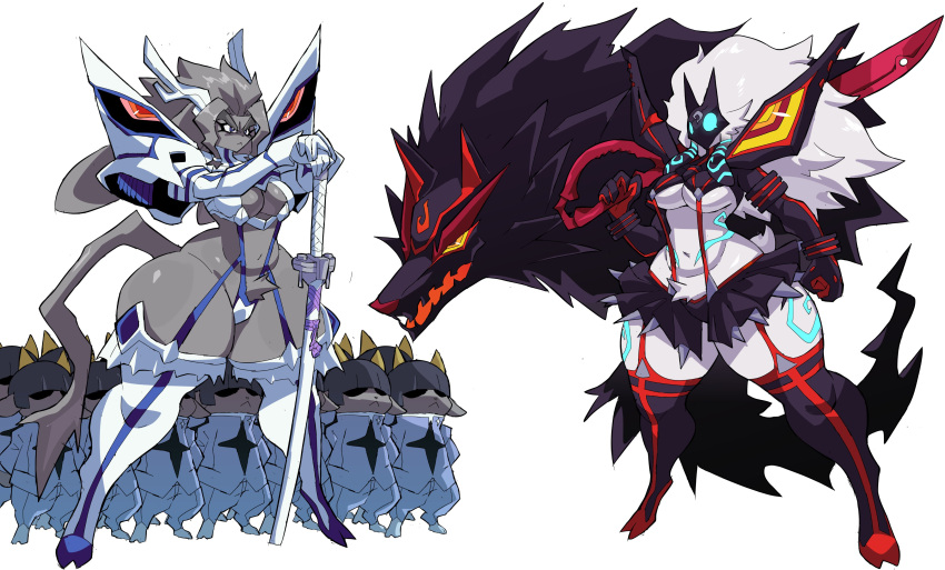 2girls 6+others absurdres breasts cleavage cosplay crossover cyberlord1109 furry furry_female grey_fur grey_hair highres junketsu kill_la_kill kindred_(league_of_legends) kiryuuin_satsuki kiryuuin_satsuki_(cosplay) lamb_(league_of_legends) league_of_legends living_clothes mask matoi_ryuuko matoi_ryuuko_(cosplay) microskirt multiple_crossover multiple_girls multiple_others pseudoregalia revealing_clothes scissor_blade_(kill_la_kill) senketsu skirt suspenders sybil_(pseudoregalia) tail thick_thighs thighhighs thighs trait_connection underboob white_fur white_hair wide_hips wolf wolf_(league_of_legends)