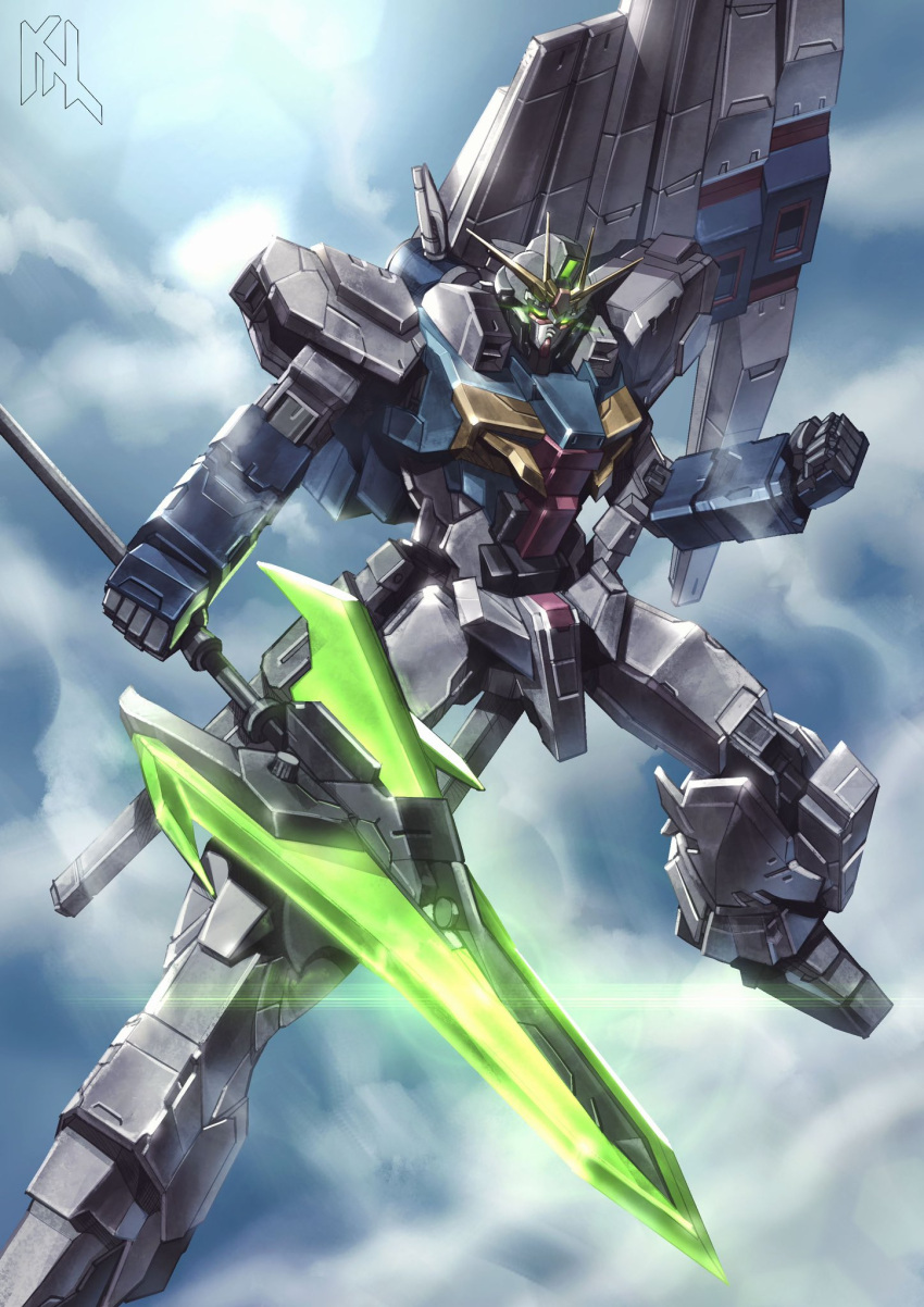 artist_logo blue_sky char's_counterattack clenched_hand cloud cloudy_sky commentary commission english_commentary fin_funnels full_body glint glowing glowing_eyes green_eyes gundam highres holding holding_polearm holding_weapon lance mecha mobile_suit no_humans nu_gundam open_fly original polearm porukima robot science_fiction sky solo v-fin weapon