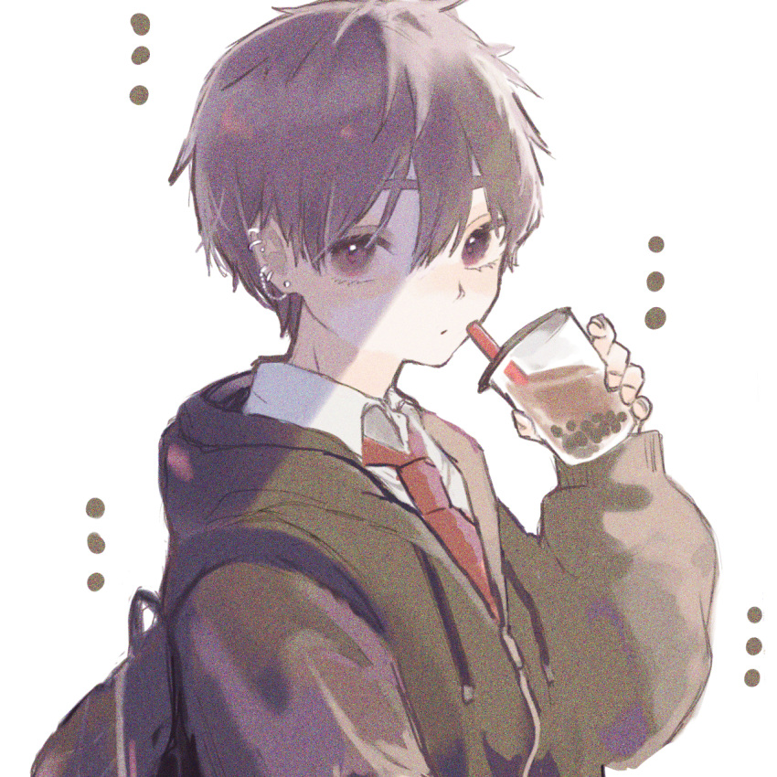 1boy backpack bag black_hair bubble_tea collared_shirt cup disposable_cup drink drinking_straw earrings expressionless film_grain highres holding holding_drink hood hoodie jewelry long_sleeves looking_at_viewer male_focus multiple_piercings necktie original purple_eyes shiina_(user_ecjx4545) shirt short_hair upper_body