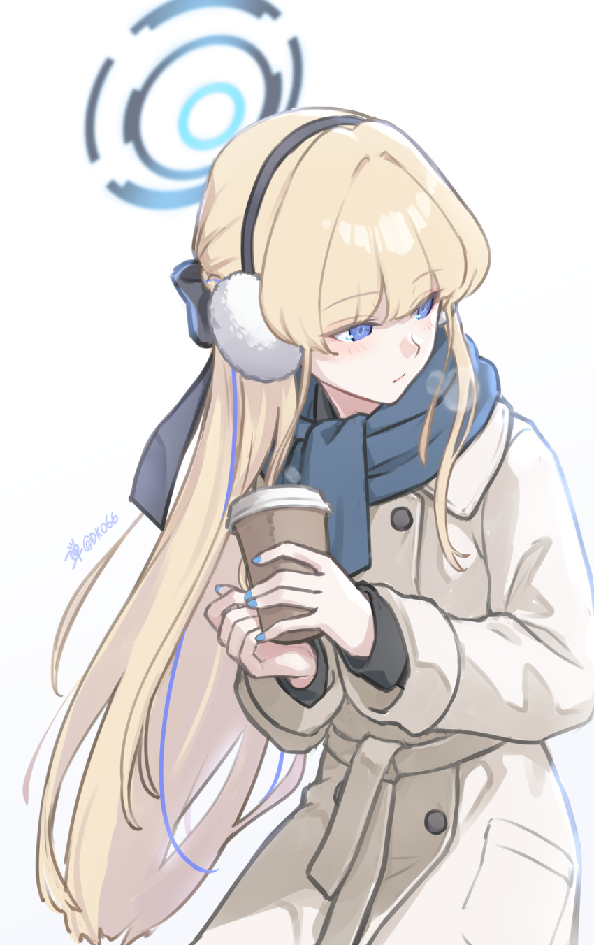 1girl blonde_hair blue_archive blue_eyes blue_hair blue_halo blue_scarf blush closed_mouth coat coffee_cup cup dan_(kumadan) disposable_cup earmuffs halo highres holding holding_cup long_hair long_sleeves multicolored_hair scarf simple_background solo streaked_hair toki_(blue_archive) white_background white_coat