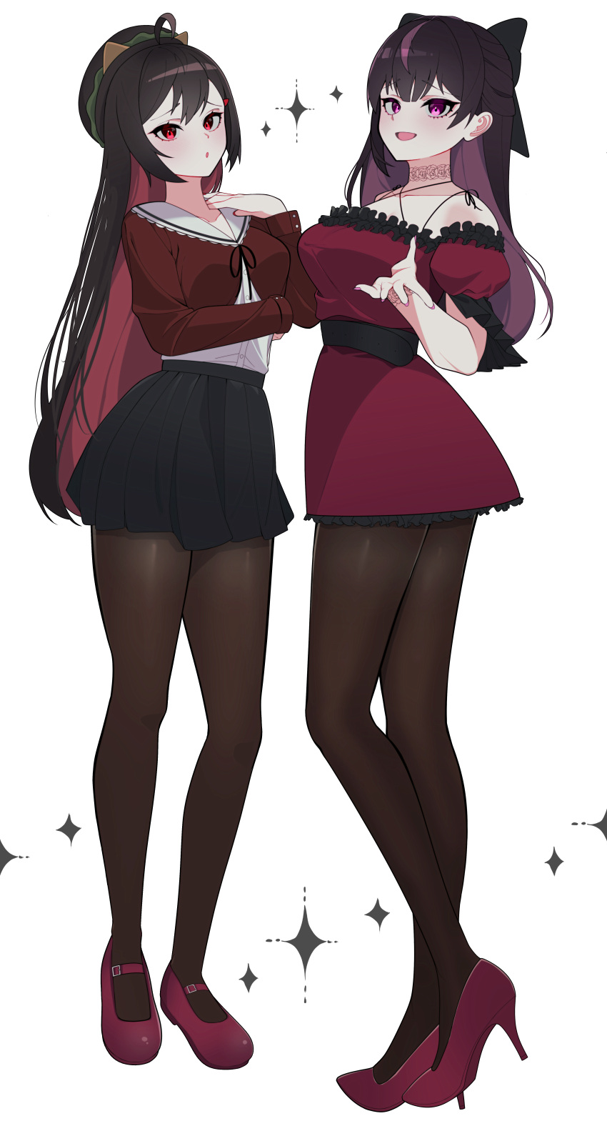 2girls :d :o absurdres black_hair black_sash black_skirt breasts brown_pantyhose choker collar colored_inner_hair dress frilled_dress frills hamburger_hat high_heels highres jingburger jirari jururu long_hair long_legs long_sleeves looking_at_viewer medium_breasts miniskirt multicolored_hair multiple_girls official_alternate_hair_color pantyhose pleated_skirt puffy_short_sleeves puffy_sleeves purple_dress purple_eyes purple_footwear purple_hair purple_nails red_eyes red_hair red_nails red_shirt sash shirt shoes short_dress short_sleeves simple_background skirt smile sparkle streaked_hair very_long_hair virtual_youtuber waktaverse white_background white_collar white_shirt