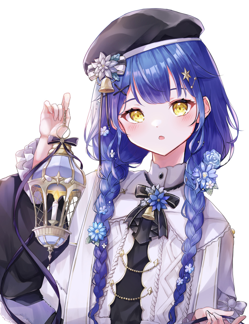 1girl absurdres amamiya_kokoro bell beret blue_hair blush braid fang flower hair_flower hair_ornament hat high_collar highres holding holding_lantern lantern long_hair long_sleeves looking_at_viewer neck_bell neck_ribbon nijisanji open_mouth ribbon shionagi_hagi solo star_(symbol) star_hair_ornament twin_braids upper_body virtual_youtuber yellow_eyes