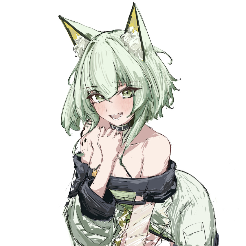 1girl absurdres animal_collar animal_ear_fluff animal_ears arknights bare_shoulders black_choker breasts cat_ears cat_girl choker cleavage collar dress green_dress green_eyes green_hair green_jacket hand_on_own_chest highres jacket kal'tsit_(arknights) long_sleeves looking_at_viewer off-shoulder_dress off_shoulder open_mouth oripathy_lesion_(arknights) short_hair simple_background solo thighs tobildesu white_background