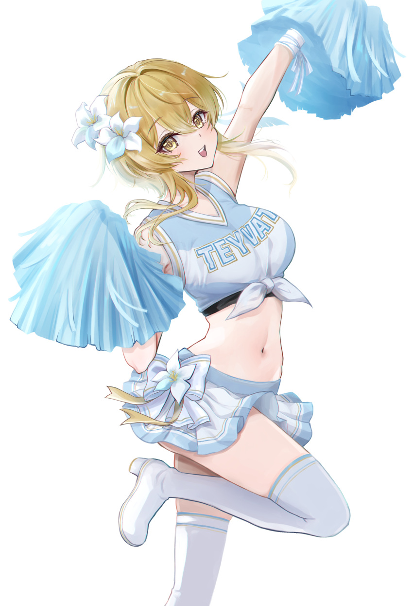 1girl absurdres alternate_costume arm_up blonde_hair blue_shirt blue_skirt cheerleader commentary_request crop_top genshin_impact hand_up highres holding holding_pom_poms leg_up looking_at_viewer lumine_(genshin_impact) midriff miniskirt multicolored_clothes multicolored_skirt navel open_mouth pleated_skirt pom_pom_(cheerleading) shirt short_hair_with_long_locks simple_background skirt smile solo stomach thighhighs tied_shirt two-tone_shirt white_background white_shirt white_skirt white_thighhighs yellow_eyes yoru0409