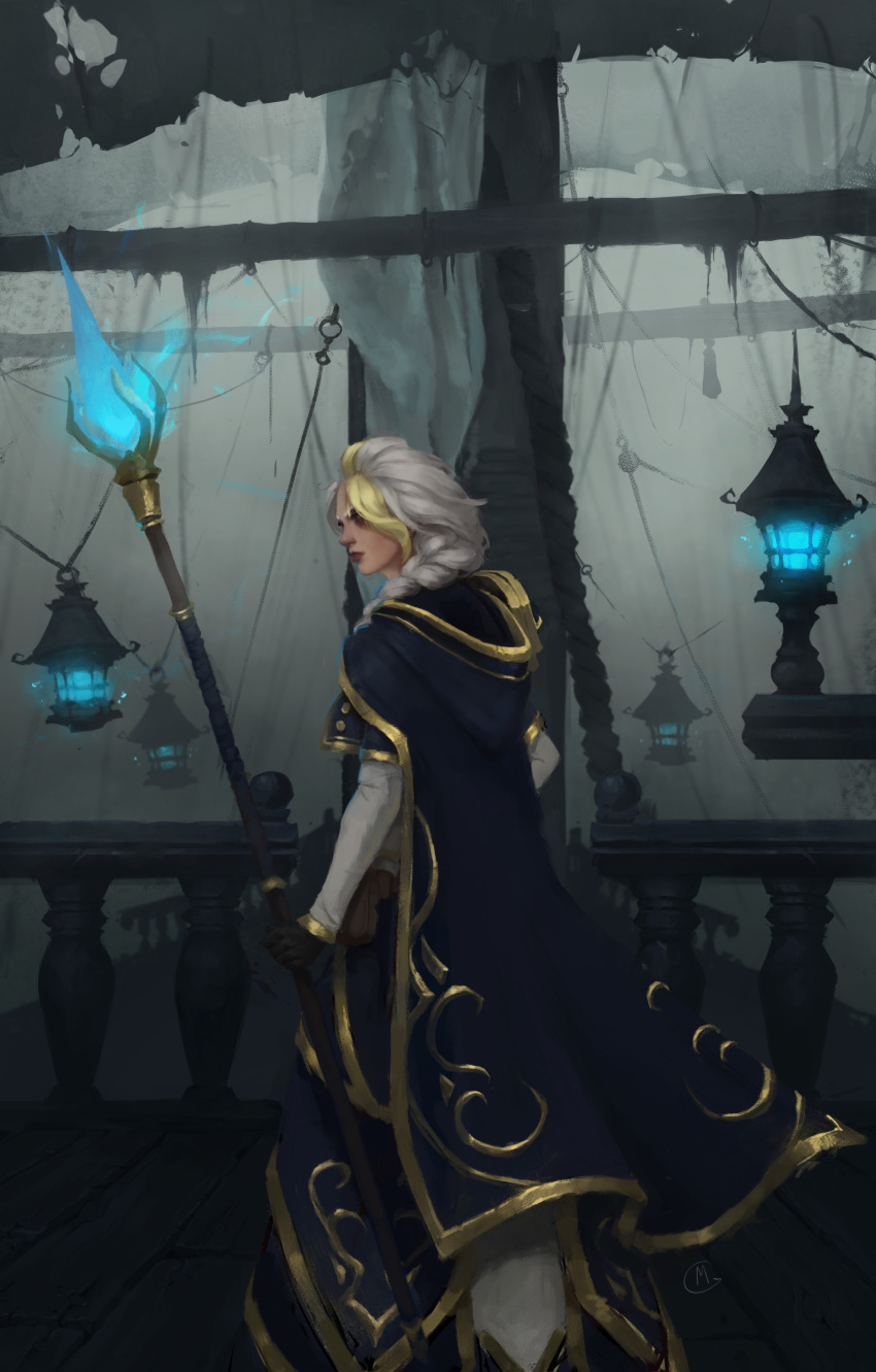 1girl absurdres alex_maragondi blonde_hair blue_cloak blue_fire blue_footwear blue_hood blue_sleeves boat boots braid cloak cloud cloudy_sky expressionless feet_out_of_frame fire gold_trim hair_over_shoulder highres holding holding_staff hood hood_down hooded_cloak jaina_proudmoore knee_boots lantern layered_sleeves long_hair long_sleeves mast multicolored_hair pants rain realistic red_lips rope short_over_long_sleeves short_sleeves single_braid sky solo staff streaked_hair warcraft watercraft white_hair white_pants white_sleeves world_of_warcraft