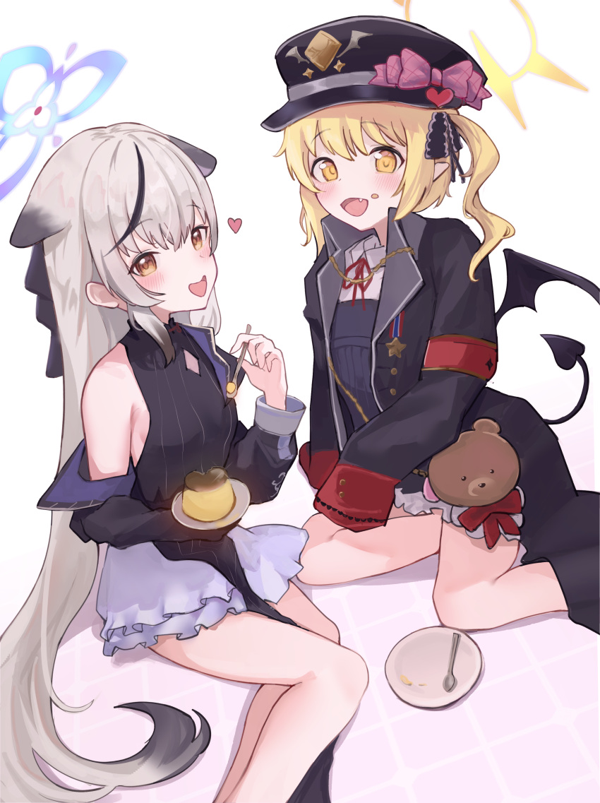 2girls absurdres black_coat black_dress black_hair black_tail black_wings blonde_hair blue_archive blue_halo breasts brown_eyes coat demon_tail demon_wings dress grey_hair halo heart highres ibuki_(blue_archive) kokona_(blue_archive) long_hair multicolored_hair multiple_girls nekoplanetouo pointy_ears side_ponytail simple_background sleeves_past_fingers sleeves_past_wrists small_breasts streaked_hair striped_clothes striped_dress tail vertical-striped_clothes vertical-striped_dress white_background wings yellow_halo