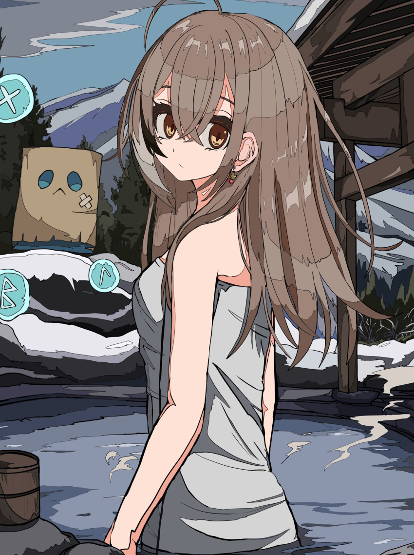 1girl ahoge alternate_costume architecture berry brown_eyes brown_hair crossed_bangs earrings east_asian_architecture food-themed_earrings forest friend_(nanashi_mumei) highres hololive hololive_english jewelry long_hair looking_at_viewer looking_back mountain multicolored_hair naked_towel nanashi_mumei nature onsen runes snow streaked_hair tanau towel tree very_long_hair virtual_youtuber