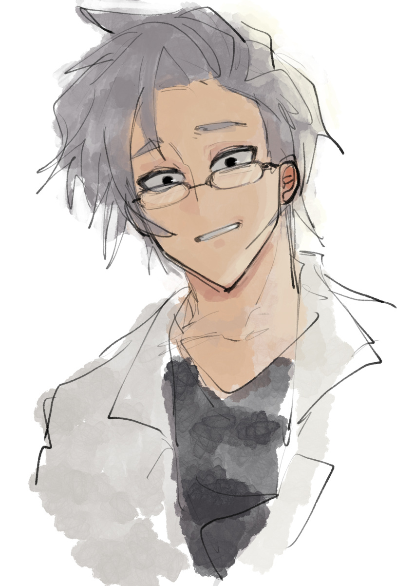 1boy absurdres black_eyes black_shirt chinese_commentary commentary_request glasses grey_hair highres kanhuijizaifei kanou_aogu lab_coat male_focus open_clothes portrait saibou_shinkyoku shirt short_hair simple_background sketch solo v-neck white_background