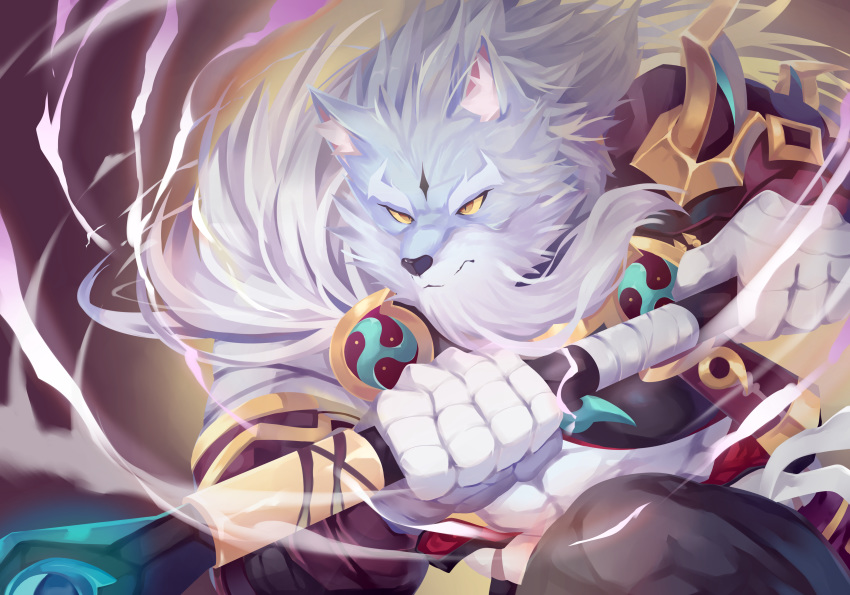 5_fingers absurd_res anthro black_nose canid canine canis clothed clothing facial_hair fingers fur grey_body grey_fur hi_res holding_mace holding_object holding_weapon law_(sdorica_sunset) mace mammal melee_weapon sdorica sdorica_sunset weapon wolf 엠페러_원샘