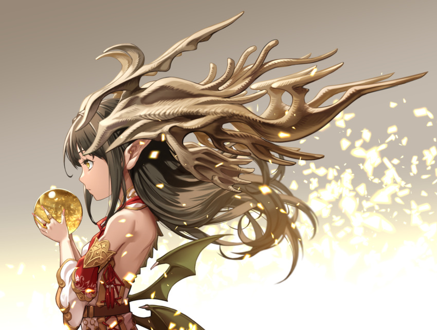 1girl antlers bare_shoulders bat_wings black_hair chinese_zodiac crystal_ball detached_sleeves dragon_girl from_side horns i-la jewelry long_hair original petite pointy_ears ring solo wings year_of_the_dragon