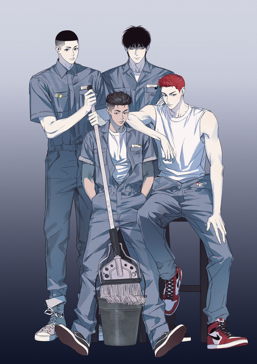 4boys absurdres black_eyes black_hair blue_jumpsuit brown_hair bucket buzz_cut full_body gradient_background hands_in_pockets highres holding holding_mop janitor jumpsuit looking_at_viewer male_focus miyagi_ryouta mop multiple_boys nolja_cz red_hair rukawa_kaede sakuragi_hanamichi sawakita_eiji short_hair simple_background sitting slam_dunk_(series) toned toned_male undercut very_short_hair