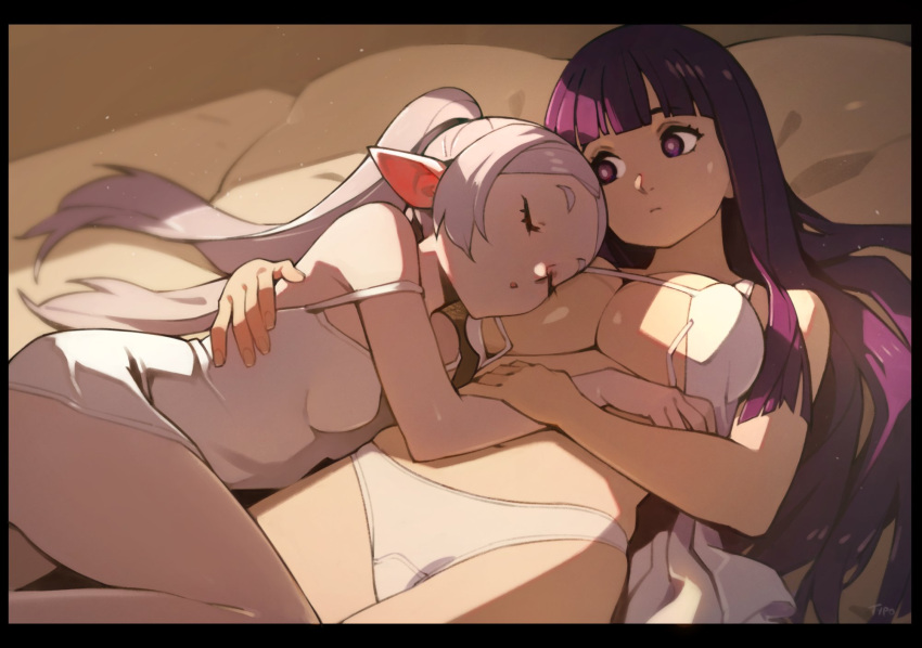 2girls bed blunt_bangs bra breasts closed_eyes closed_mouth commentary elf english_commentary expressionless fern_(sousou_no_frieren) frieren hand_around_waist highres large_breasts long_hair lying lying_on_person multiple_girls navel optionaltypo panties parted_bangs pointy_ears purple_eyes purple_hair side-by-side sidelocks sleeping sleeping_on_person solo sousou_no_frieren twintails underboob underwear white_bra white_hair white_panties yuri