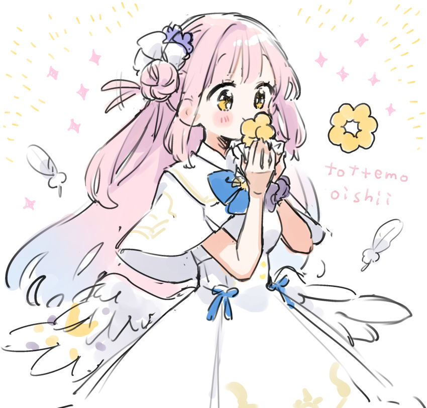 1girl blue_archive blue_bow blue_bowtie blush bow bowtie breasts capelet commentary_request cowboy_shot doughnut dress eating feathered_wings feathers food hair_bun hair_ornament hair_wagging hands_up highres holding holding_food kurihara_sakura long_hair low_wings mika_(blue_archive) no_halo pink_hair purple_scrunchie romaji_text scrunchie sidelocks simple_background single_side_bun solo sparkle white_background white_capelet white_dress white_feathers white_wings wings wrist_scrunchie yellow_eyes