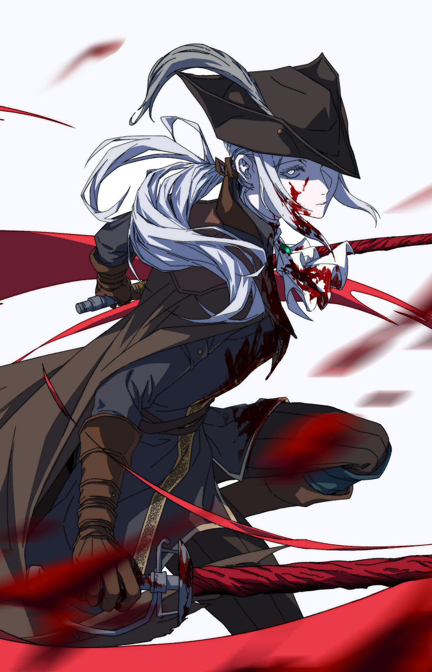 1girl absurdres alternate_hair_color ascot blood bloodborne brown_cape cape closed_mouth commentary commentary_request dual_wielding eyelashes hat highres holding holding_sword holding_weapon lady_maria_of_the_astral_clocktower long_hair mixed-language_commentary s_jiaogu simple_background solo sword tricorne weapon white_ascot white_background white_eyes white_hair