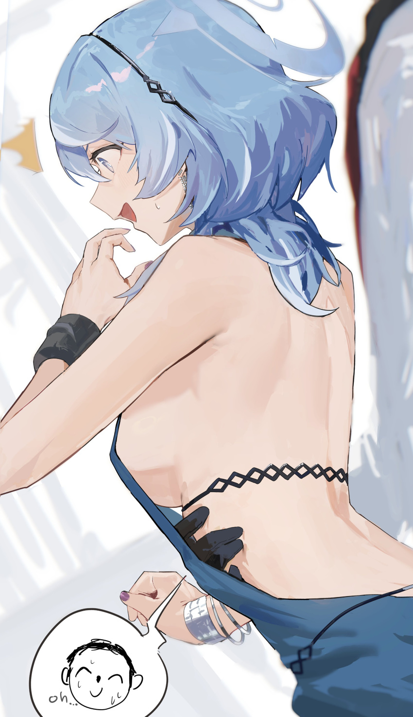 1girl absurdres ako_(dress)_(blue_archive) backless_dress backless_outfit black_gloves blue_archive blue_dress blue_eyes blue_hair blue_halo breasts doodle_sensei_(blue_archive) dress gloves halo highres official_alternate_costume open_mouth sensei_(blue_archive) sideboob sideless_dress single_handcuff smile surprised yakihoko