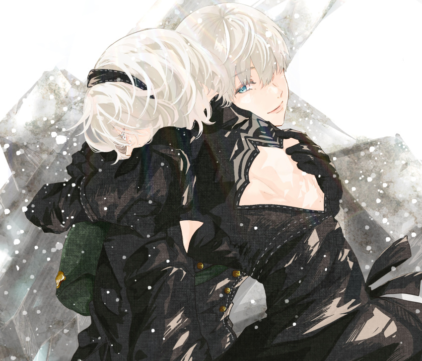 1boy 1girl 2b_(nier:automata) 9s_(nier:automata) absurdres arms_around_neck back_cutout black_dress black_gloves black_hairband black_jacket blue_eyes bob_cut breasts closed_eyes closed_mouth clothing_cutout couple crying dress gloves hair_over_one_eye hairband hand_on_another's_back hetero highres hug jacket juliet_sleeves long_sleeves medium_breasts nier:automata nier_(series) nitijoy2 puffy_sleeves short_hair smile tears upper_body white_hair