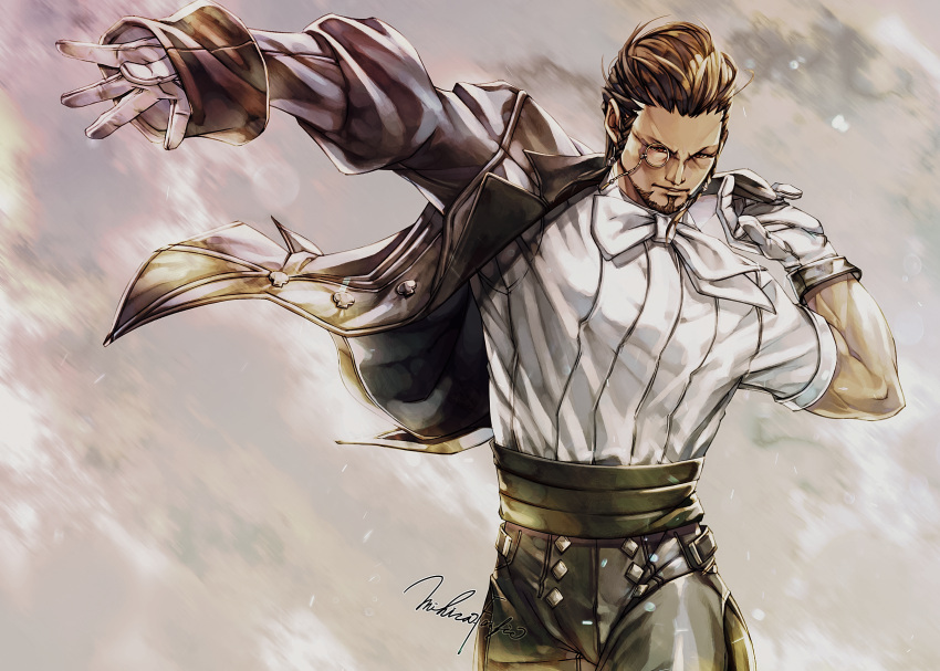 1boy beard bow bowtie brown_eyes brown_hair dressing facial_hair final_fantasy final_fantasy_xiv gloves goatee hair_slicked_back high-waist_pants highres hildibrand_manderville mihira_(tainosugatayaki) monocle pants solo suit upper_body white_gloves