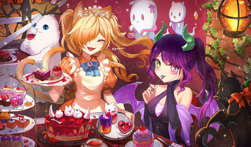 +_+ 2girls :3 absurdres animal animal-themed_food animal_ears apron bat_(animal) blonde_hair blush bow bowtie braid breasts brick_wall brooch cake cat cat_ears cat_girl cat_tail cleavage closed_eyes collared_dress cupcake demon_girl demon_horns demon_wings dessert dress eating elbow_gloves fangs food fork ghost gloves green_eyes hair_over_one_eye halloween halter_dress halterneck hanging_lantern heterochromia highres holding holding_fork holding_tray horns jewelry long_hair macaron maid maid_headdress multiple_girls multiple_tails nekomata open_mouth original plant plate ponytail pudding purple_eyes purple_hair ruri-urasue-1224 short_sleeves smile sparkle striped_clothes striped_dress sweets table tail tearing_up tears tiered_tray tray twintails very_long_hair vines wings wrist_cuffs