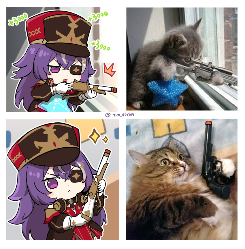 :&lt; aiming animal cat chevreuse_(genshin_impact) closed_mouth colt_python firing genshin_impact gun handgun hat healing highres holding holding_weapon korean_commentary long_hair multicolored_hair ooyun open_mouth purple_eyes purple_hair red_headwear revolver rifle sniper_rifle streaked_hair twitter_username v-shaped_eyebrows weapon