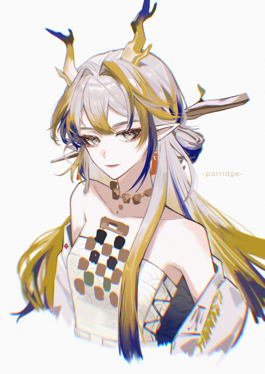 1girl 5795648508 absurdres arknights bare_shoulders blonde_hair blue_hair branch breasts closed_mouth collarbone cropped_torso dragon_girl dragon_horns earrings eyeliner grey_eyes grey_hair hair_between_eyes hair_ornament hair_stick highres horns jacket jewelry lips long_hair long_sleeves makeup multicolored_hair off_shoulder open_clothes open_jacket pointy_ears red_eyeliner red_pupils shirt shu_(arknights) sidelocks simple_background small_breasts smile solo strapless strapless_shirt streaked_hair tassel tassel_earrings white_background white_jacket white_shirt