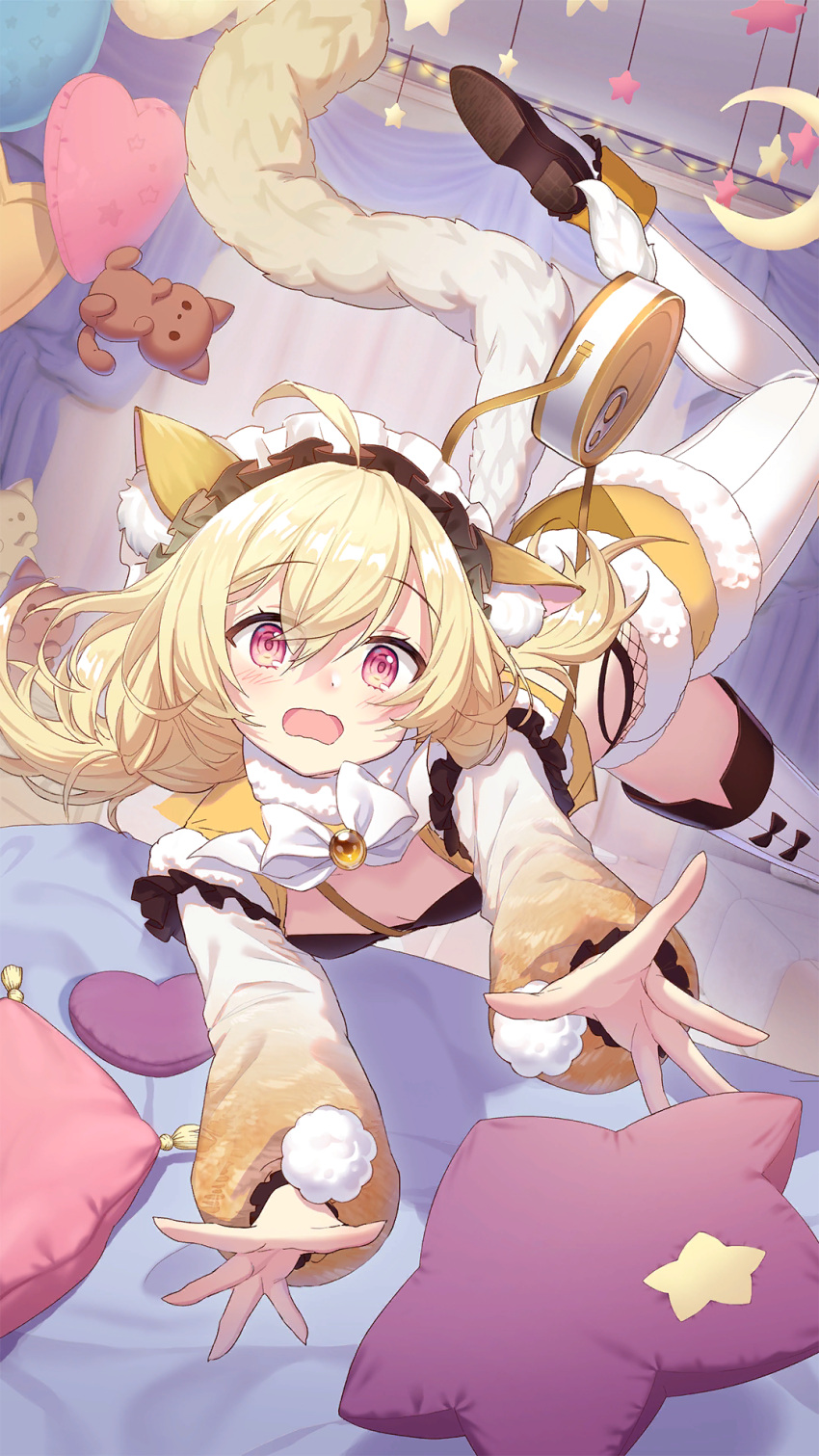 1girl ahoge animal_ear_fluff animal_ears bed blonde_hair blush bow bowtie breasts brown_footwear cat_ears cat_tail cleavage_cutout clothing_cutout crescent cushion fallen_down foot_out_of_frame frilled_hairband frills girl_cafe_gun hairband highres indoors kaanal_scott leg_up long_hair long_sleeves low_twintails official_art open_hand open_mouth outstretched_arms outstretched_hand pink_eyes puffy_long_sleeves puffy_sleeves small_breasts solo square_mouth star_ornament striped_clothes striped_thighhighs stuffed_animal stuffed_cat stuffed_toy tail thighhighs twintails vertical-striped_clothes vertical-striped_thighhighs white_bow white_bowtie white_hairband white_thighhighs
