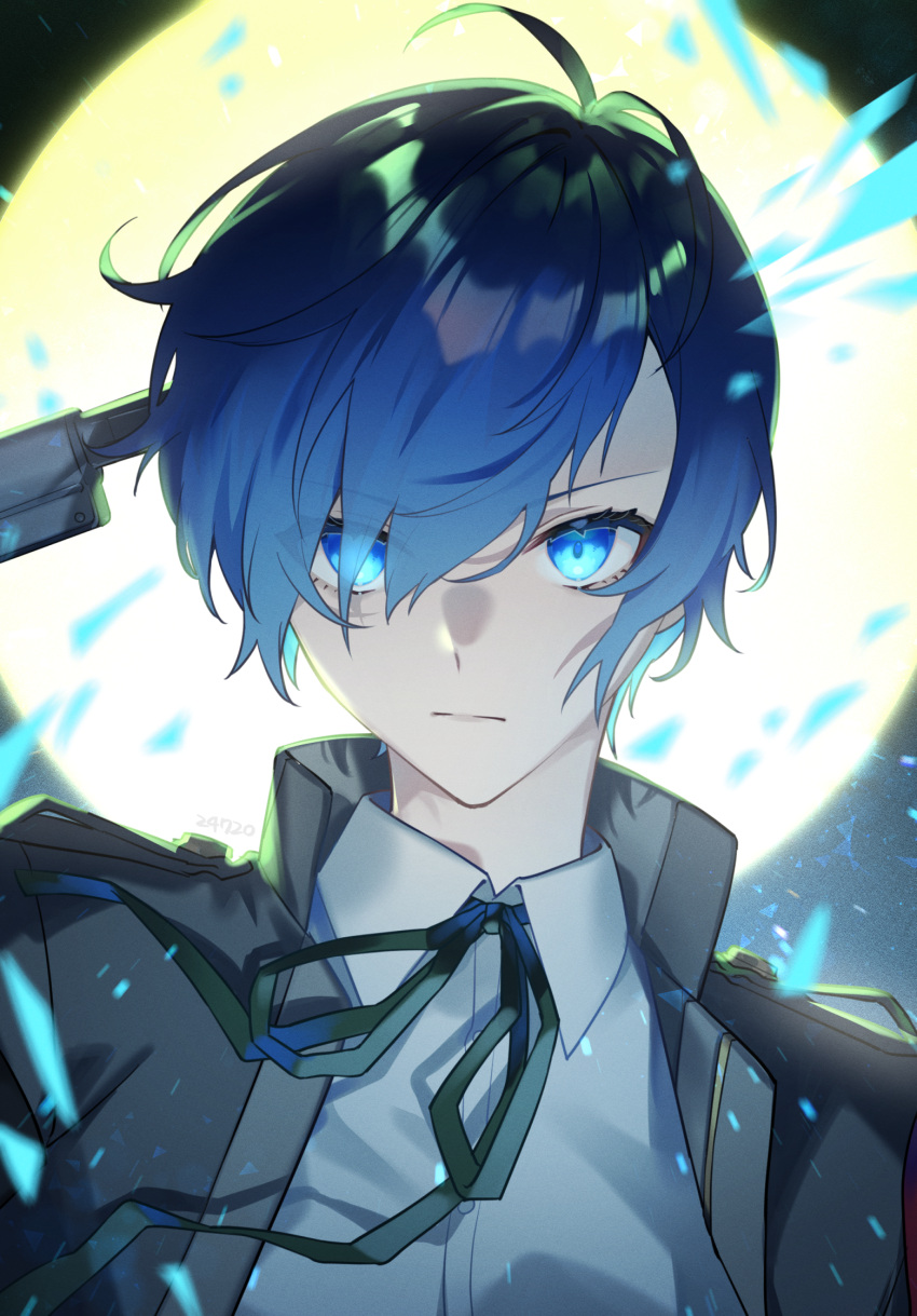 1boy 720yen bishounen blue_eyes blue_hair closed_mouth commentary_request evoker full_moon gekkoukan_high_school_uniform glowing glowing_eyes gun_to_head hair_between_eyes highres looking_at_viewer male_focus moon pale_skin persona persona_3 portrait s.e.e.s school_uniform serious short_hair solo yuuki_makoto