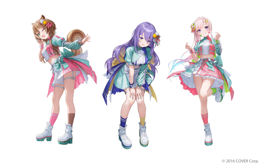 1st_generation_(hololive_indonesia) 3girls :d ;d airani_iofifteen animal_ears aqua_gemstone aqua_hair arm_support asymmetrical_legwear asymmetrical_sleeves ayunda_risu back_bow badge beads blonde_hair blue_shirt blue_skirt blue_socks blush bow bow_skirt breasts brown_hair brown_shirt brown_skirt brown_socks closed_mouth colored_inner_hair commentary_request company_name copyright_notice cropped_shirt cross-laced_footwear dot_nose double-parted_bangs double_finger_heart english_commentary finger_heart fingernails flower frilled_skirt frills from_side full_body garter_straps gingham_shirt gradient_hair green_bow green_eyes green_flower green_nails green_ribbon green_shirt green_shorts green_skirt green_sleeves green_socks grey_ribbon hair_bow hair_bun hair_flower hair_ornament hair_ribbon hair_tie hairclip half-skirt hand_up hands_up high-waist_skirt high_heel_sneakers highres hololive hololive_idol_uniform_(bright) hololive_indonesia idol idol_clothes knees_together_feet_apart layered_sleeves leaning_forward leg_up lineup long_hair long_sleeves looking_at_viewer looking_down looking_to_the_side low_twintails matsuo_shogo midriff mismatched_legwear mismatched_sleeves mismatched_socks mixed-language_commentary moona_hoshinova multicolored_clothes multicolored_hair multicolored_shirt multicolored_shorts multicolored_skirt multiple_girls nail_polish official_art one_eye_closed open_mouth overskirt paint_splatter paint_splatter_on_face palette_hair_ornament pigeon-toed pink_hair pink_shirt pink_shorts pink_skirt pink_socks pink_wristband plaid plaid_bow plaid_ribbon plaid_skirt plaid_sleeves pom_pom_(clothes) pom_pom_hair_ornament puffy_short_sleeves puffy_sleeves purple_eyes purple_hair purple_shirt purple_skirt purple_socks red_ribbon ribbon shirt short_over_long_sleeves short_sleeves shorts side_ponytail sidelocks simple_background single_side_bun skirt smile socks sparkle_print squirrel_ears squirrel_girl squirrel_tail standing standing_on_one_leg starry_hair striped_bow swept_bangs tachi-e tail teeth thigh_strap twintails two-sided_fabric two-sided_skirt uneven_sleeves upper_teeth_only virtual_youtuber waist_ribbon white_background white_bow white_flower white_footwear white_shirt white_shorts white_skirt wrist_bow wristband yellow_bow yellow_skirt yellow_socks