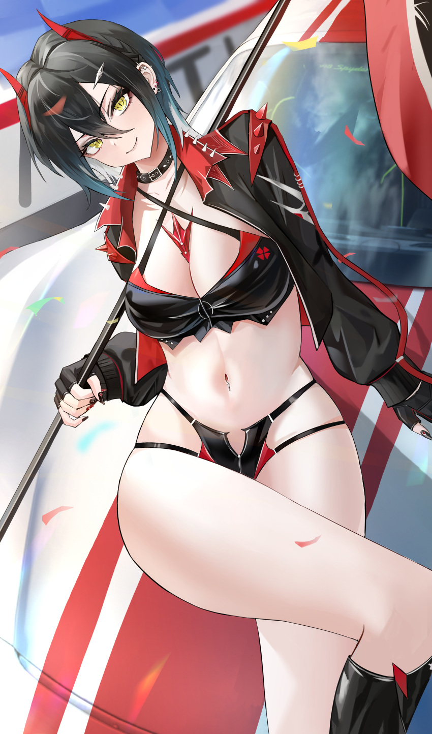 1girl absurdres azur_lane black_choker black_footwear black_hair black_jacket black_panties blush breasts car chinese_commentary choker closed_mouth commentary_request ear_piercing flag hai_binggan highres holding holding_flag jacket kneehighs large_breasts long_sleeves looking_at_viewer midriff motor_vehicle navel official_alternate_costume open_clothes open_jacket outdoors panties piercing race_queen short_hair smile socks solo stomach thighs ulrich_von_hutten_(azur_lane) ulrich_von_hutten_(ignition_matrician)_(azur_lane) underwear yellow_eyes