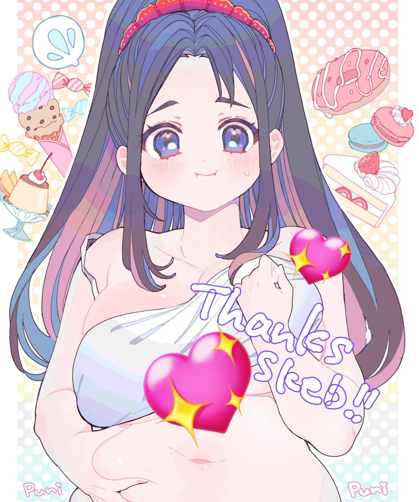 1girl amezawa_koma bare_shoulders belly belly_grab black_hair blue_eyes blush breasts colored_inner_hair commission emoji forehead hair_ornament hair_scrunchie highres large_breasts long_hair looking_at_viewer multicolored_hair navel original plump polka_dot polka_dot_background scrunchie sidelocks skeb_commission solo straight_hair sweatdrop upper_body